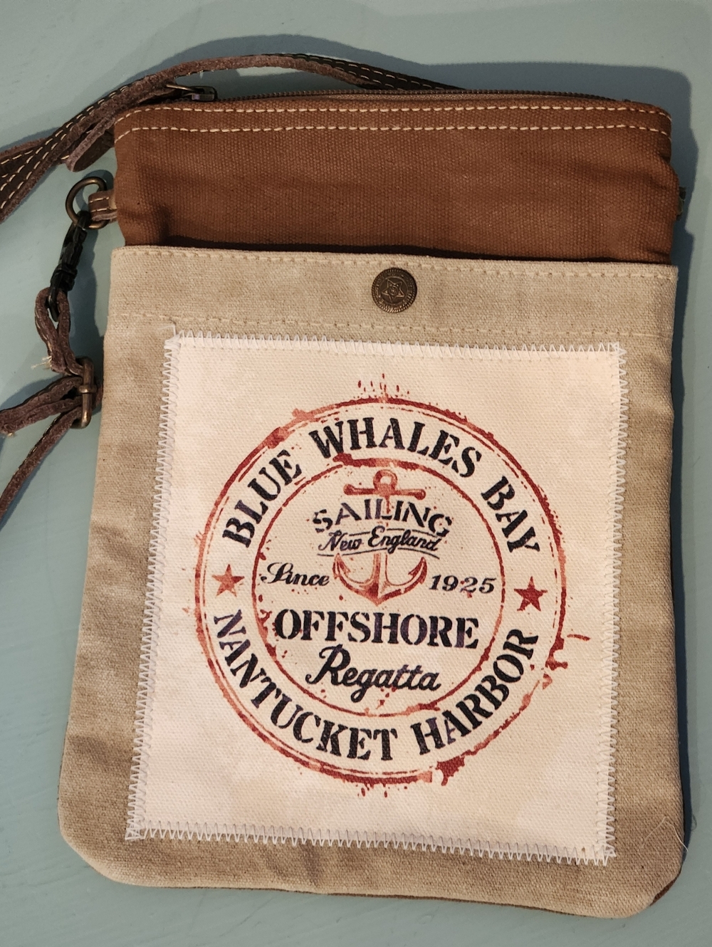 New Myra Bag Beige Canvas Zippered Crossbody with Nautical Stamp
